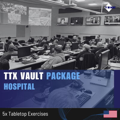 Control room with multiple monitors and people working, TTX Vault Package Hospital advertisement overlay.