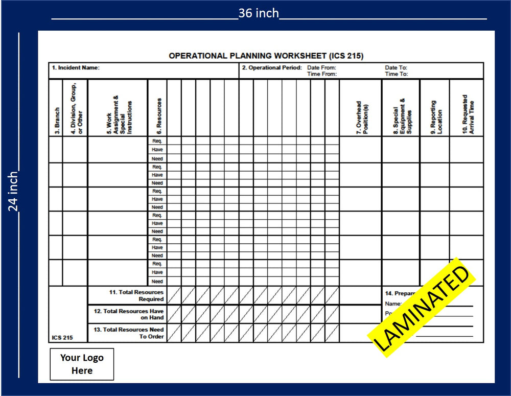 ICS 215 Operational Planning Worksheet- Laminated Wall Chart-24x36